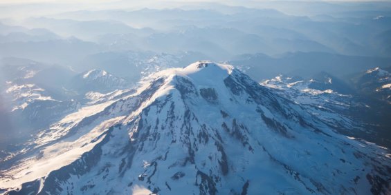 Aerial image of snowy topped Mt. Rainier in Tacoma
