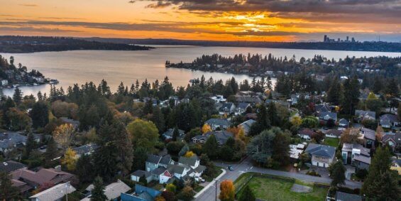 An aerial image of a Tacoma neighborhood at sunset