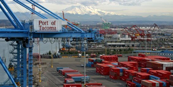 An aerial image of the Port of Tacoma filled with cargo containers and cranes
