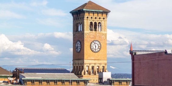 An image of the Tacoma clock tower in the downtown area